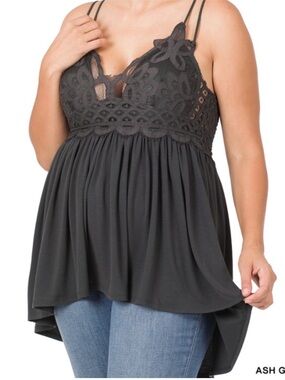 Zenana 1X Grey Crochet Lace Cami Tunic Top